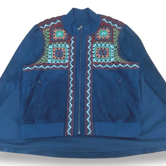 BCBG Maxazria Women Upas Cape Jacket Size L Blue Granny Square Full Zip Pocket - Picture 7 of 11